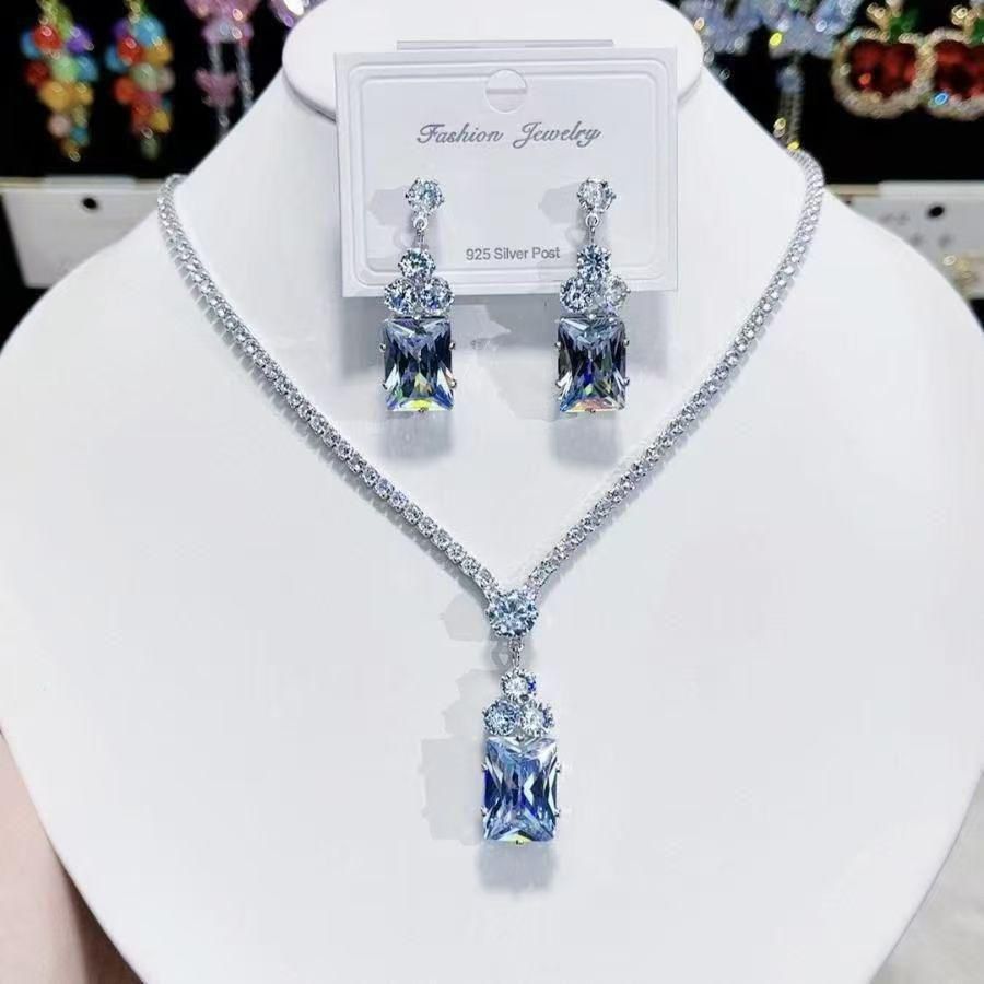 Blue Crystal Glow Silver Necklace & Earrings Set