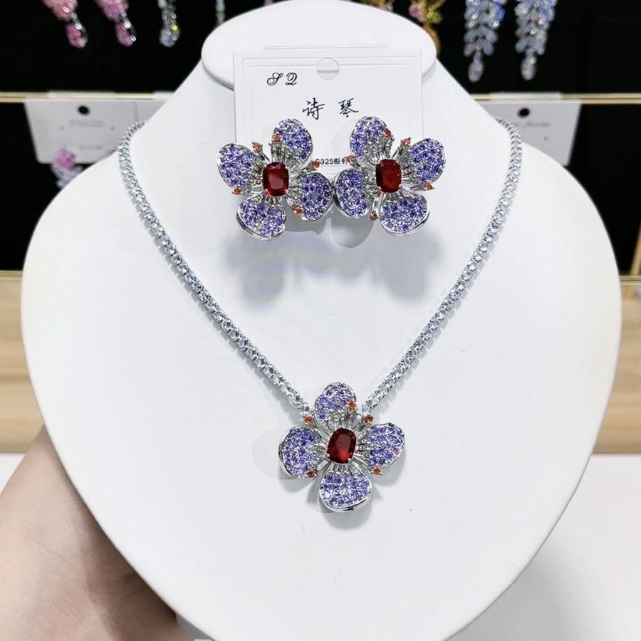 Amethyst Rose Purple & Red CZ Flower Necklace & Earrings