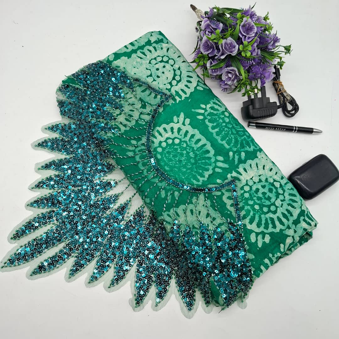 Emerald Luxe – Green Crepe Adire & Sequined Lace Fabric
