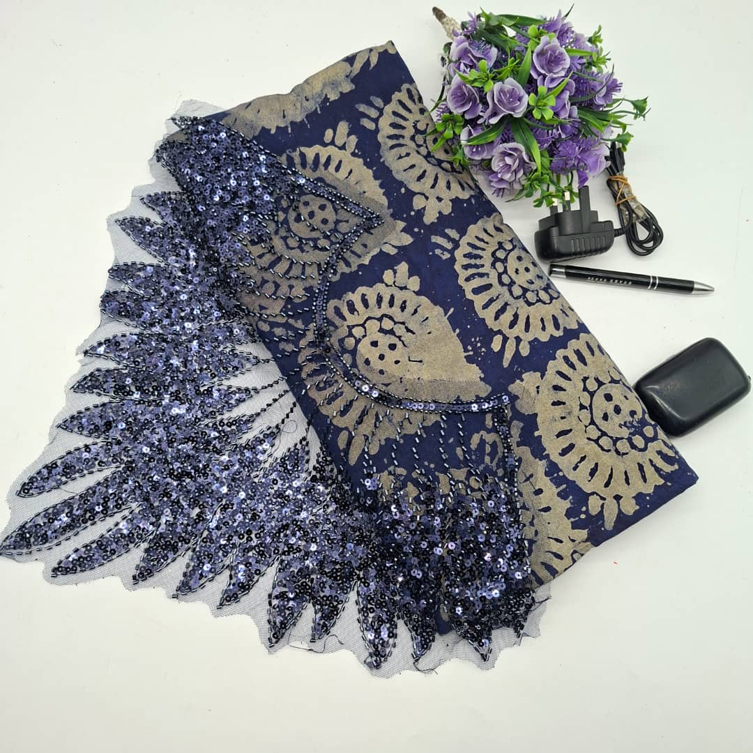 Midnight Spark – Dark Blue Sequin & Lace Fabric